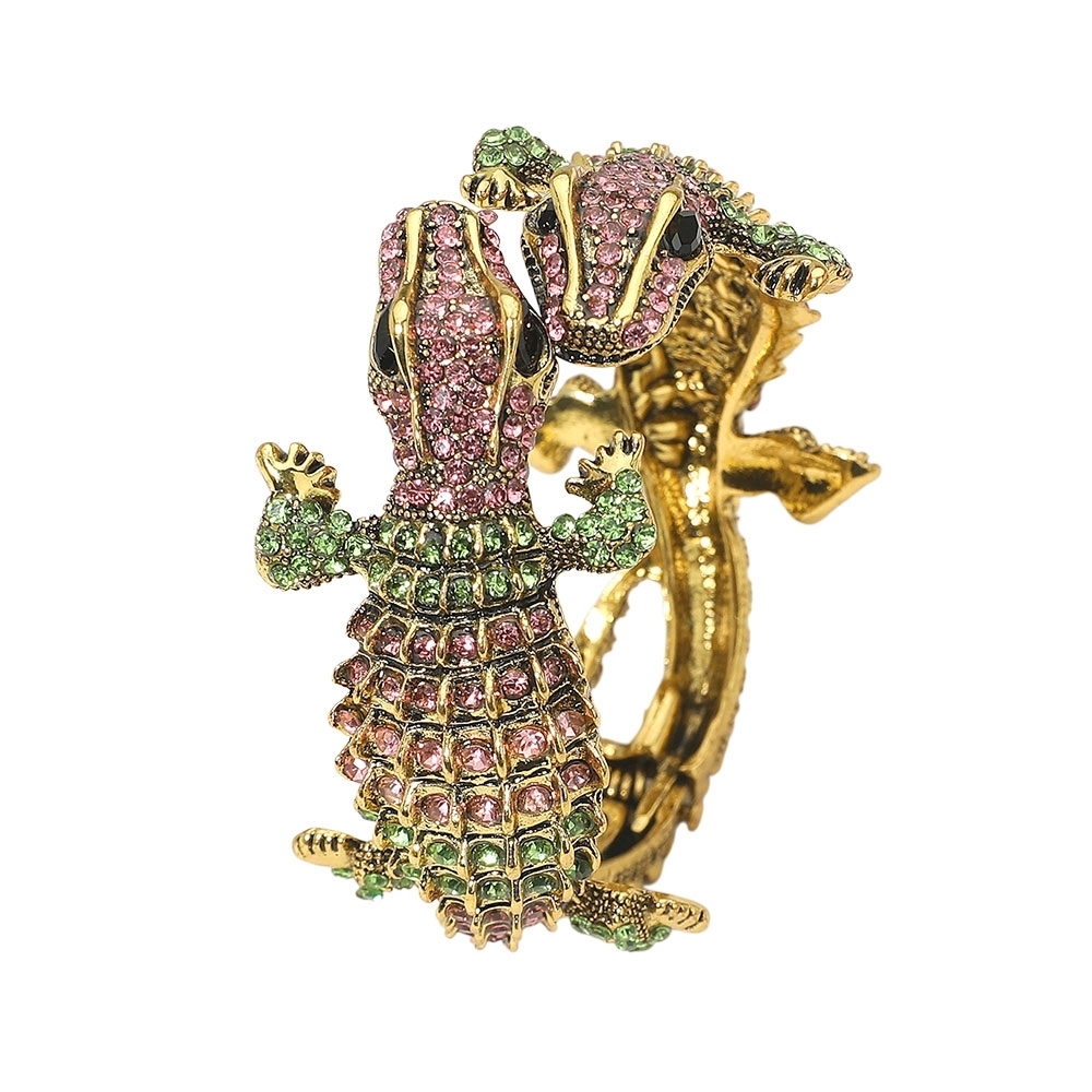 Pink & Green Rhinestone Alligator Crocodile Double Head Cuff Bracelet Statement - Picture 4 of 4